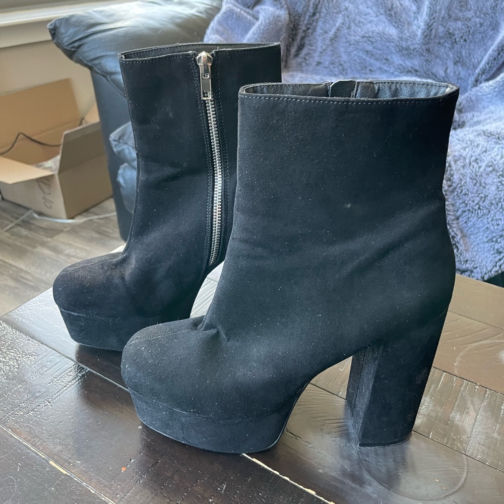 Black Faux Suede Platform Ankle Boot